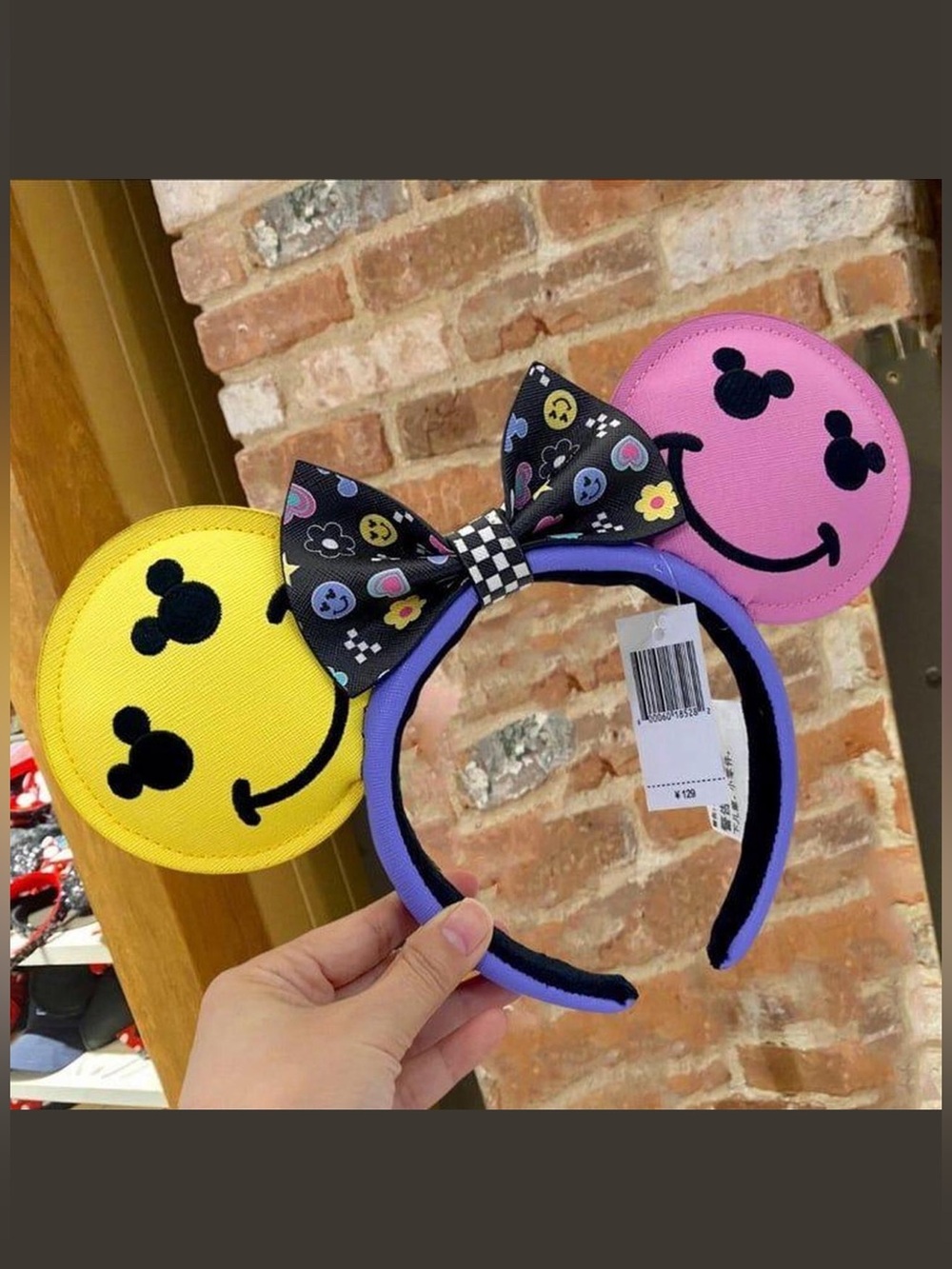 Disney Parks Y2K Smiley Mickey Ears Headband in Yellow and Pink W/ Snap Bow